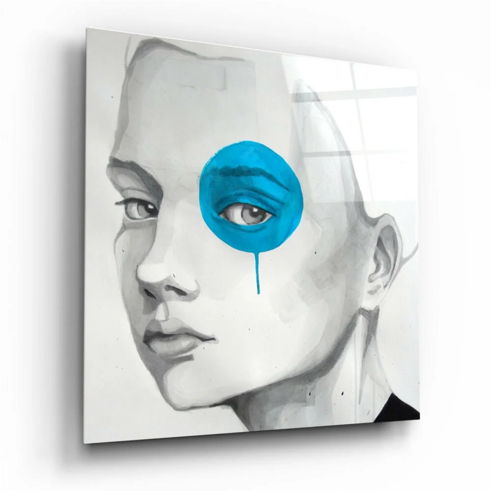 Striking blue eye tear portrait in black-and-white glass wall art