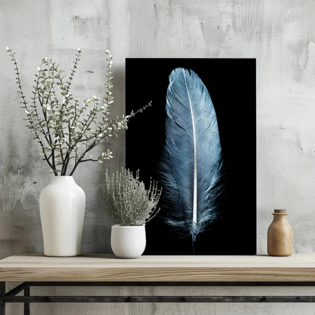 Stunning blue feather insigne aluminum print on glossy black background