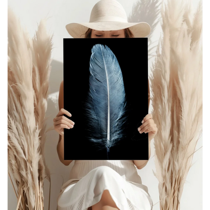 Striking blue feather on black frame insigne aluminum print