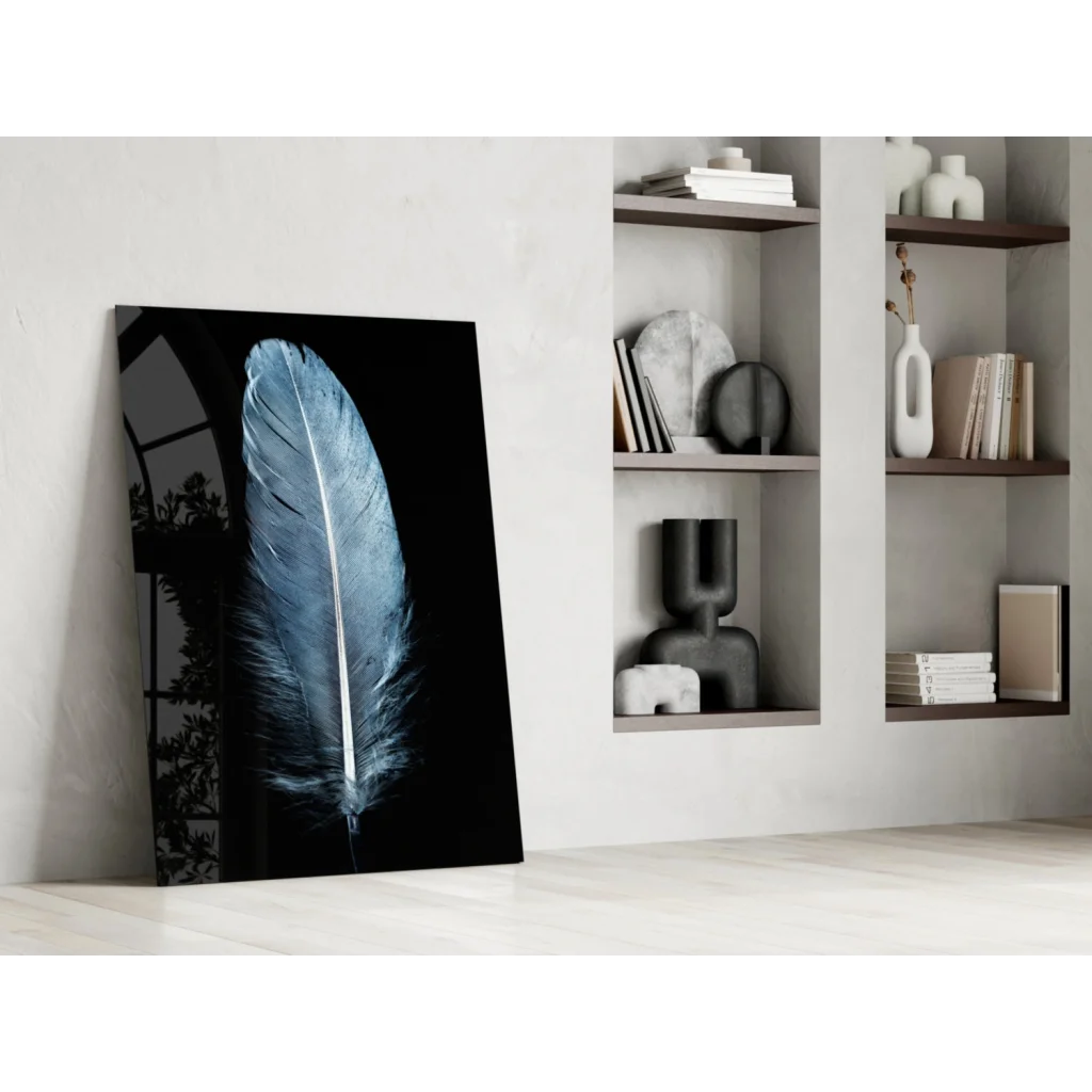 Stunning blue-toned feather glass wall art in silver and black