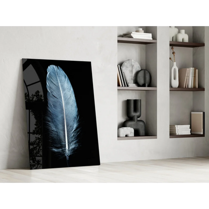 Stunning blue-toned feather glass wall art in silver and black