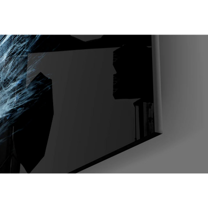 Sleek black-framed glass wall art with dark screen and blue light streaks
