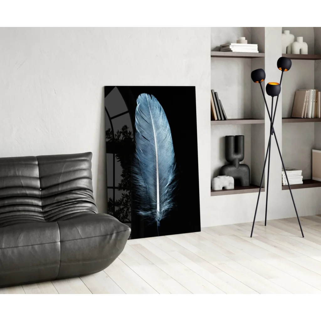 Stunning blue feather glass wall art in silver and black