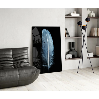 Stunning blue feather glass wall art in silver and black