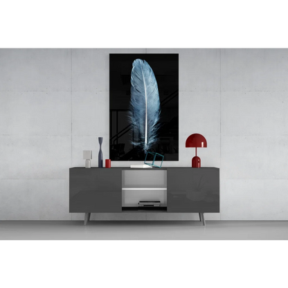 Stunning blue feather glass wall art in silver and black
