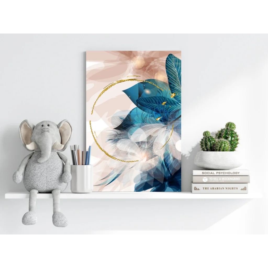 Blue feather print aluminum art with gold accents and textured leaves