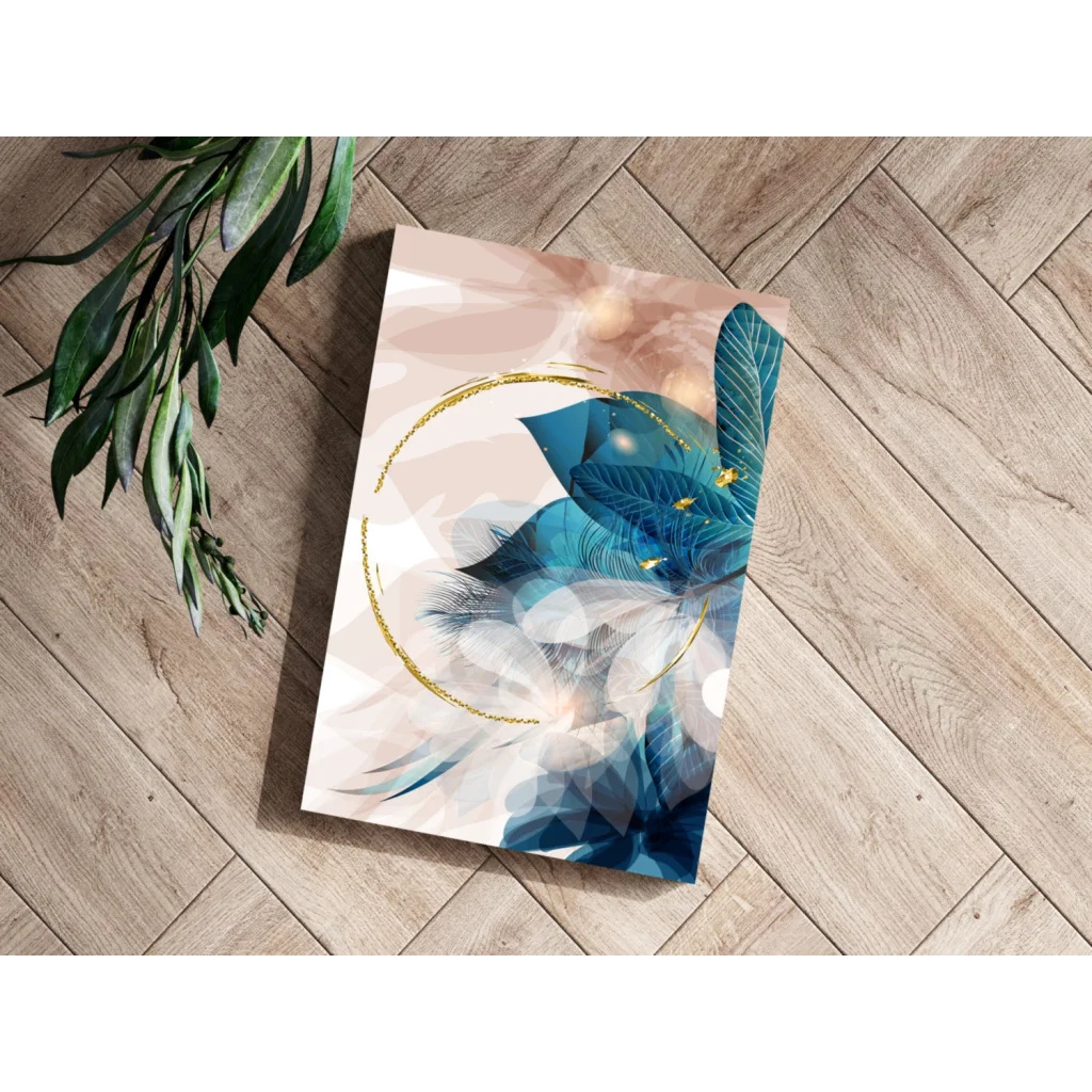 Blue feather print rug with gold circle design on wooden floor