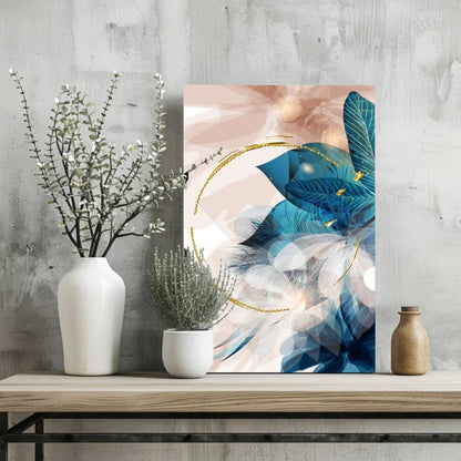 Blue feather print aluminum art with gold accents, modern canvas design