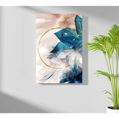 Blue Feather Print aluminum art with gold accents on wall