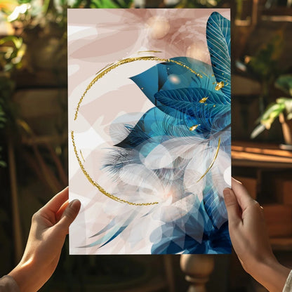 Blue feather print aluminum art poster with white feathers and gold circle accents