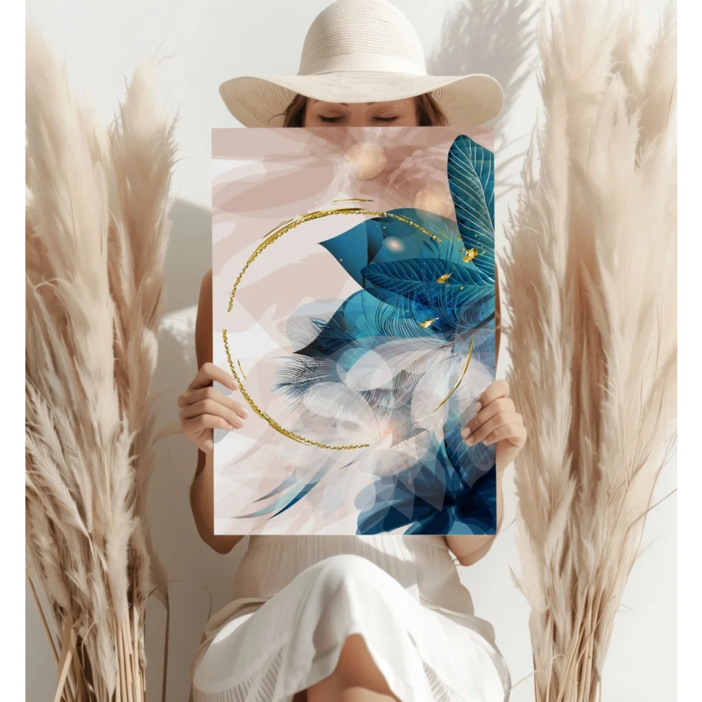 Blue feather print aluminum art with gold accents and geometric pattern