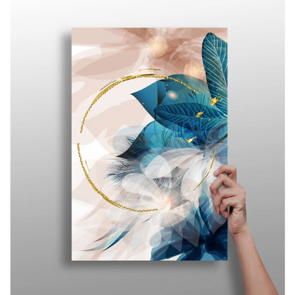 Blue Feather Print aluminum art with gold accents