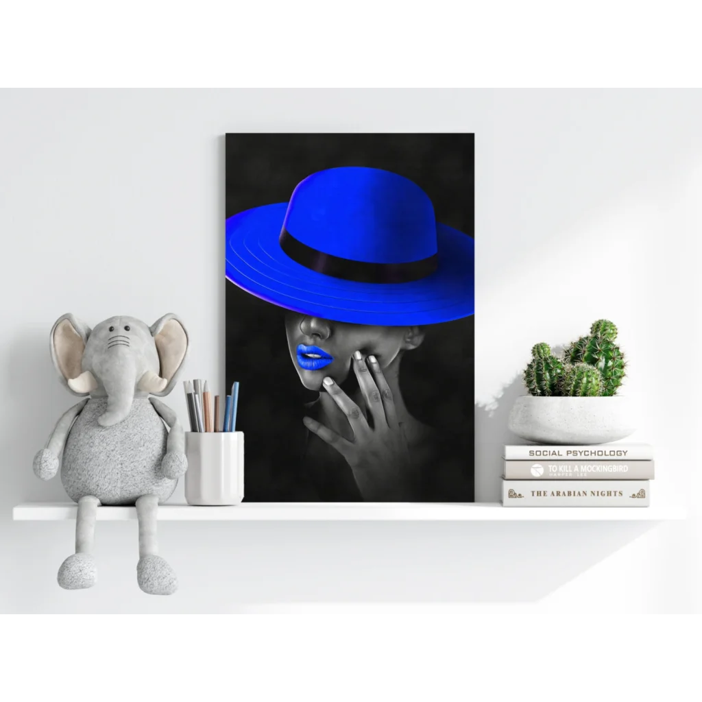 Blue fedora hat with black and white face design on aluminum print