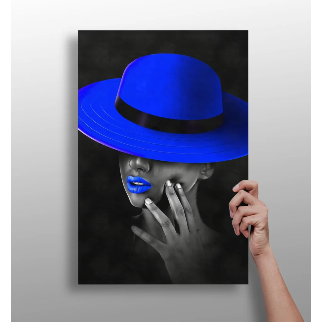 Royal blue fedora with black band on aluminum print