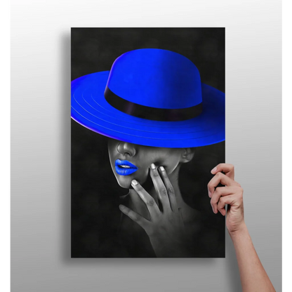 Royal blue fedora with black band on aluminum print