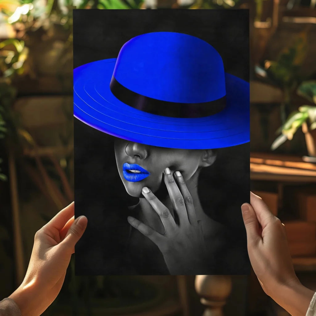 Glossy blue fedora hat with black band on aluminum print