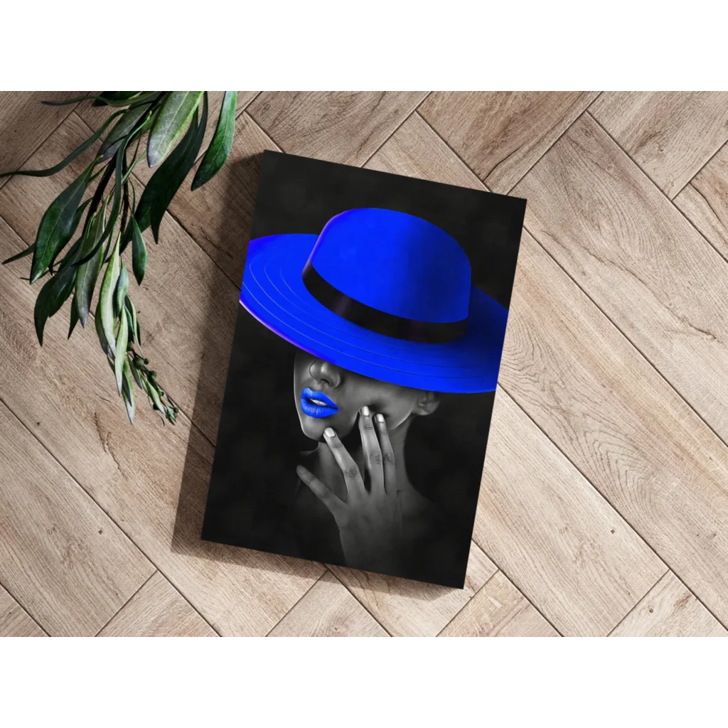 Blue fedora hat with black and white face design on canvas print