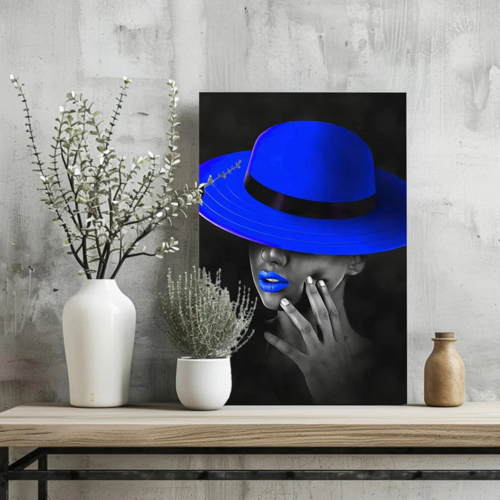 Blue fedora hat with black band on glossy aluminum print