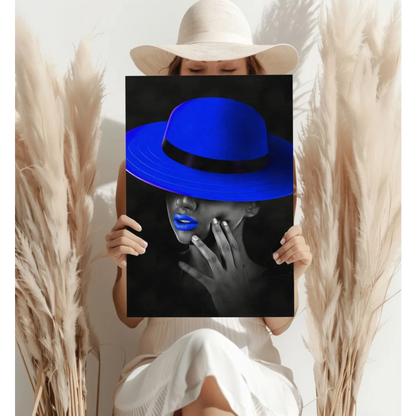 Blue fedora hat with black band on aluminum print for modern homes