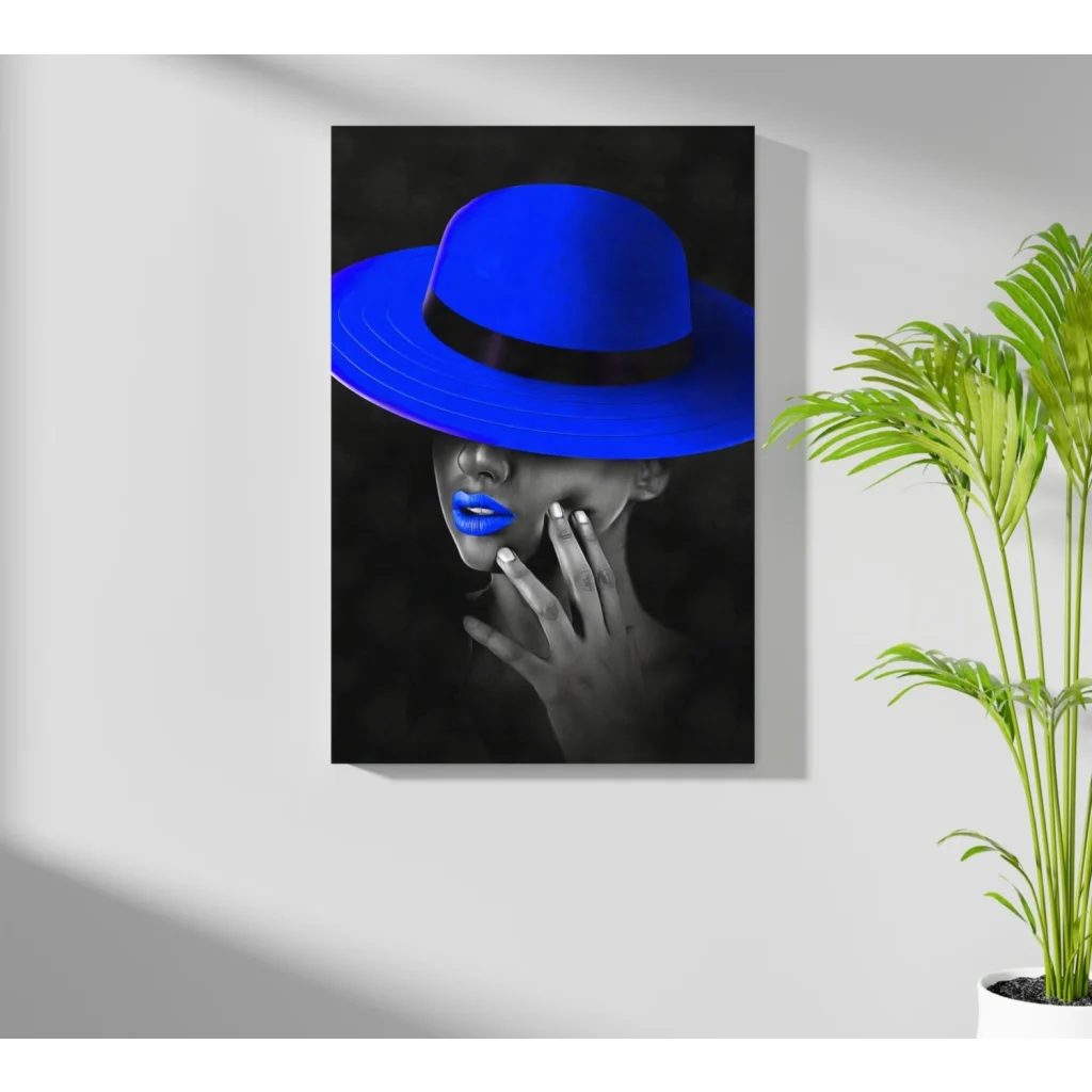 Blue fedora hat with black and white face design on aluminum print