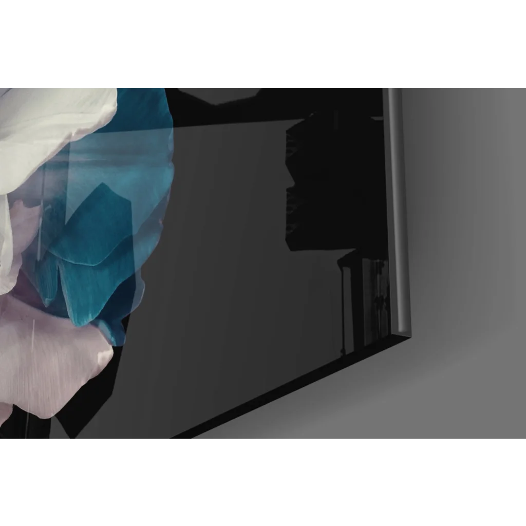 Stunning teal flower glass wall art on black canvas with crystalline display