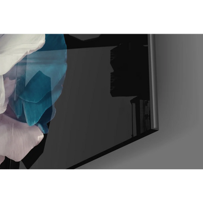 Stunning teal flower glass wall art on black canvas with crystalline display