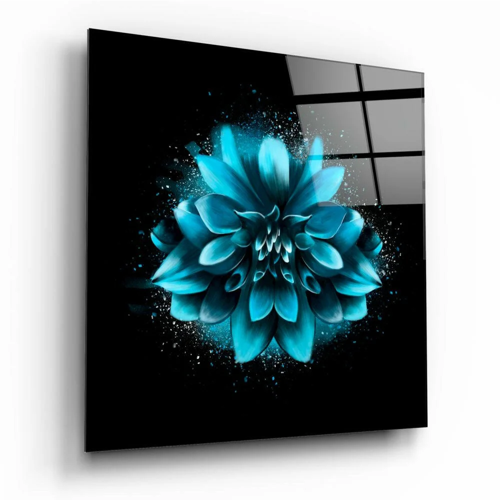 Vibrant teal dahlia glass wall art with sparkling petals on black panel