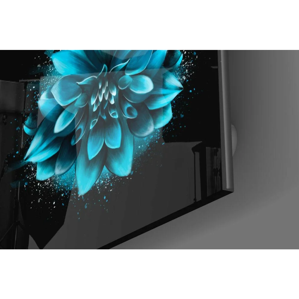 Vibrant turquoise glowing dahlia glass wall art with sparkling petals