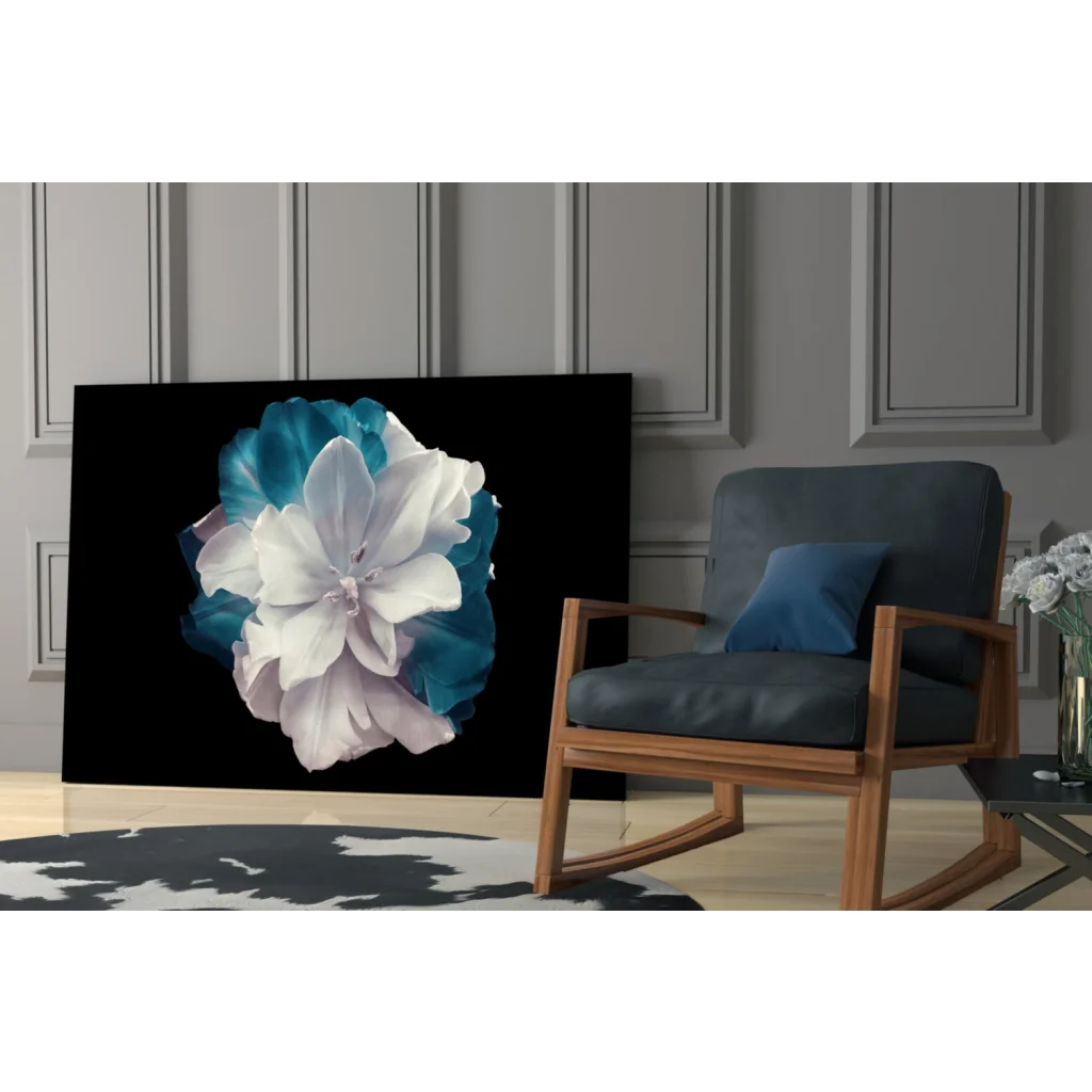 Stunning teal flower glass wall art on black canvas print