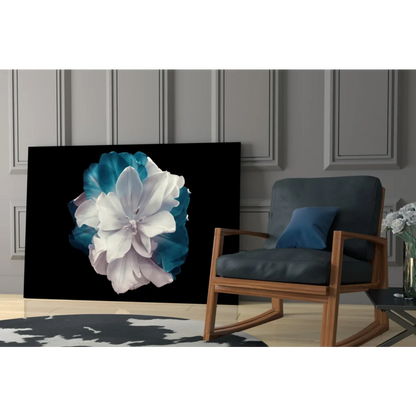 Stunning teal flower glass wall art on black canvas print