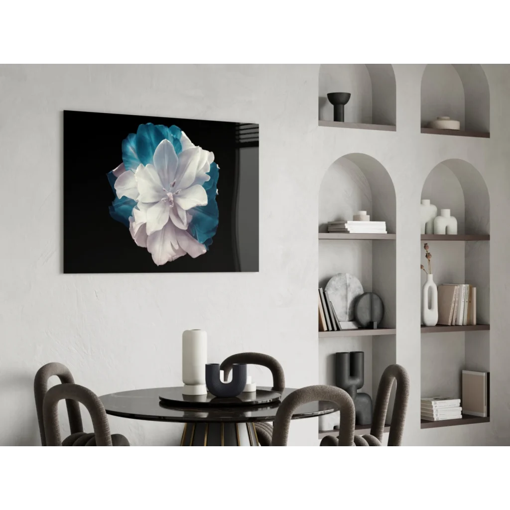 Stunning teal flower glass wall art on black canvas background