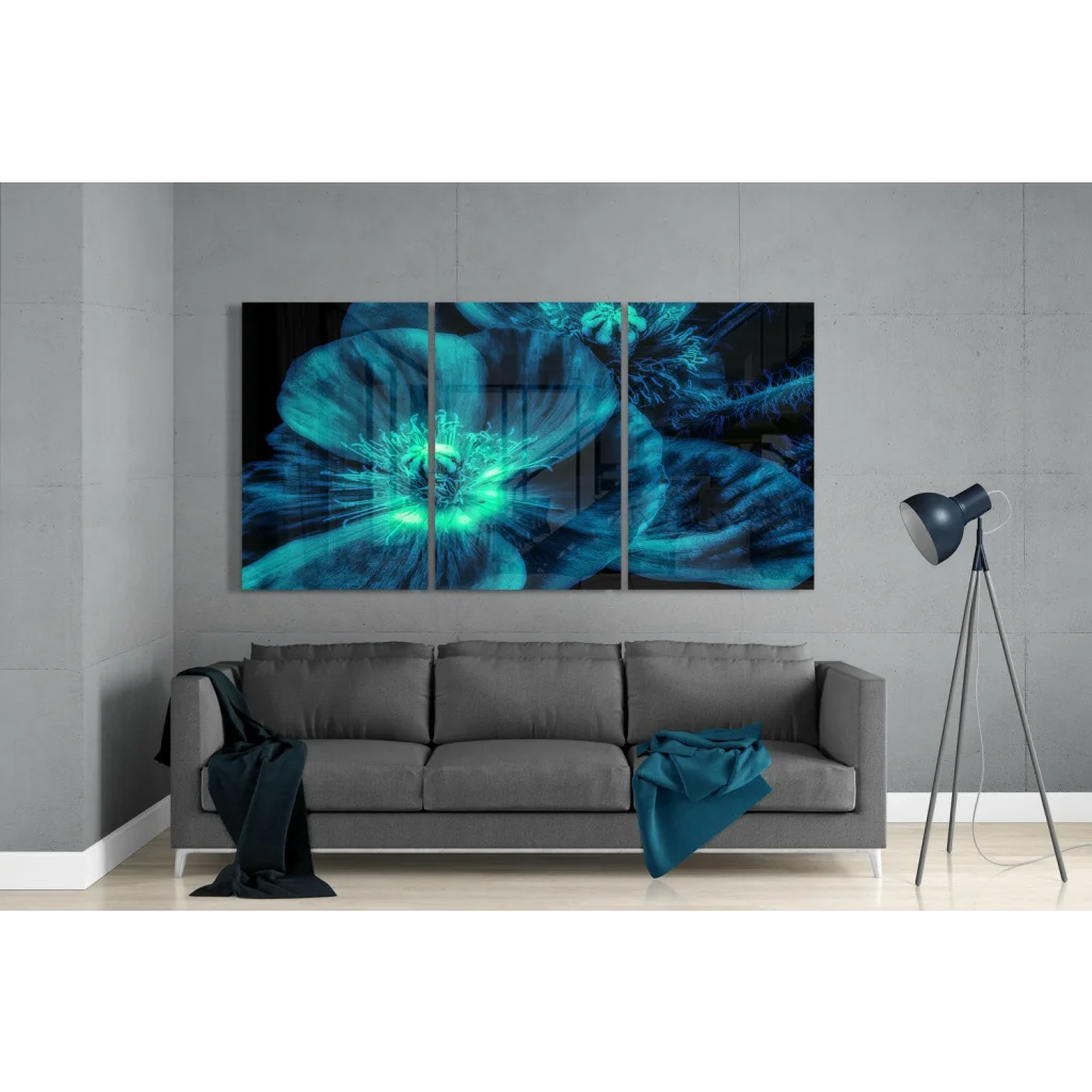 Glowing Teal Poppy Glass Wall Art Triptych Set | Modern Wall Art Decor | vintageantiquesgifts.com