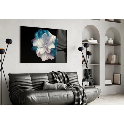 Stunning teal flower glass wall art on black canvas print