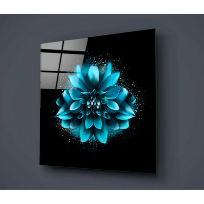 Vibrant turquoise dahlia glass wall art with sparkling petals on black panel