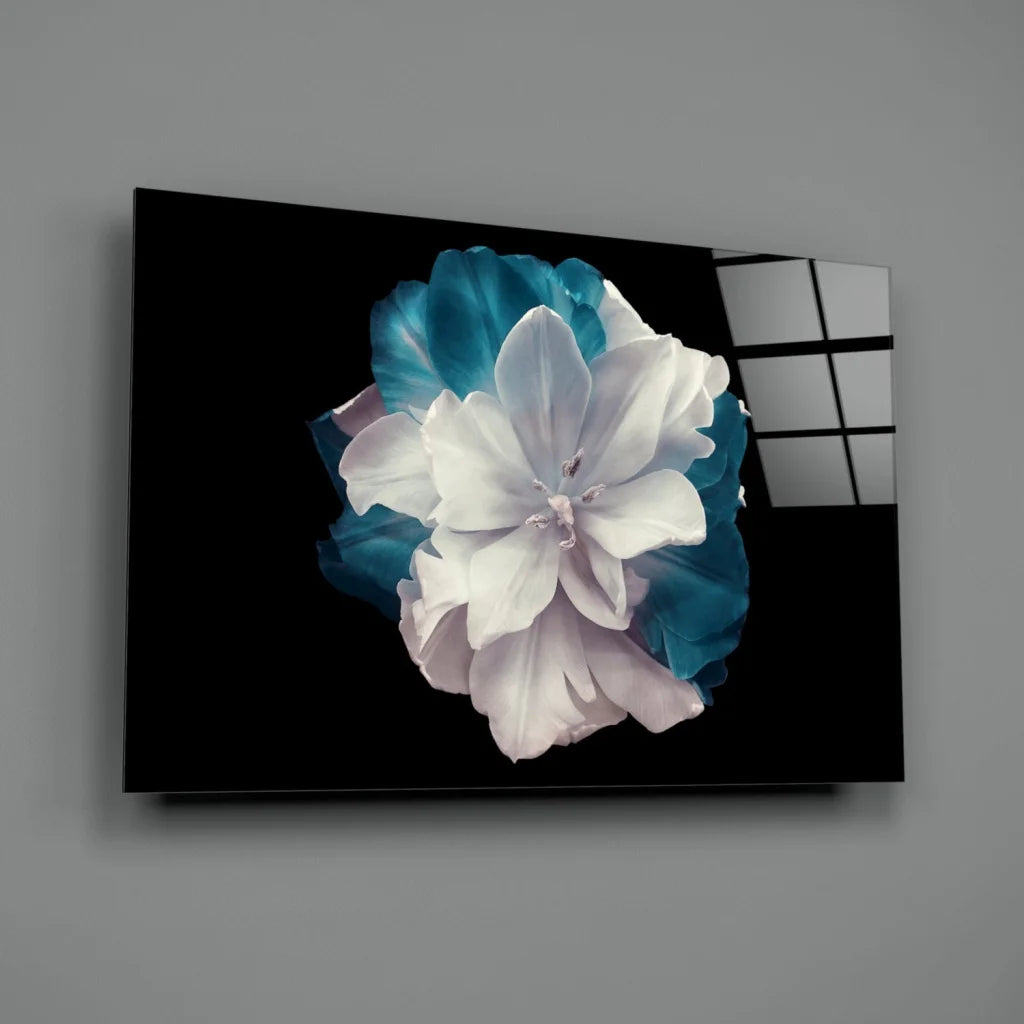Stunning teal flower glass wall art on black canvas