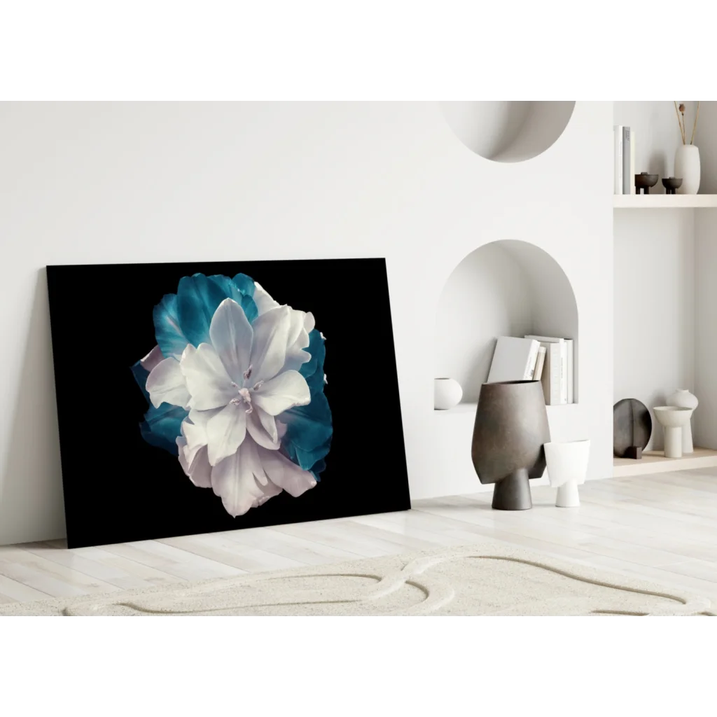 Stunning teal flower glass wall art on black canvas print