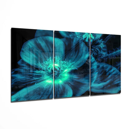 Glowing Teal Poppy Glass Wall Art Triptych Set | Insigneart USA | vintageantiquesgifts.com
