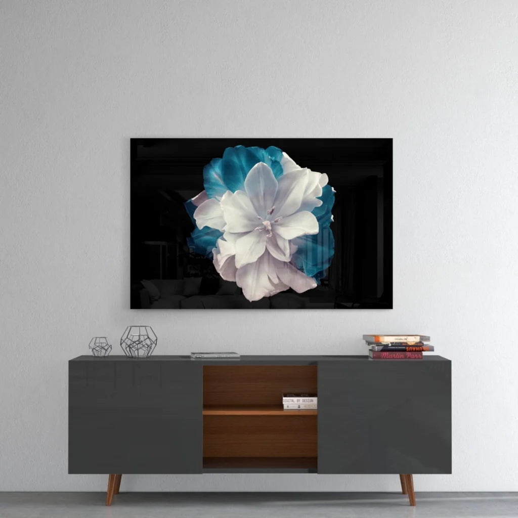 Stunning teal flower glass wall art on black canvas print