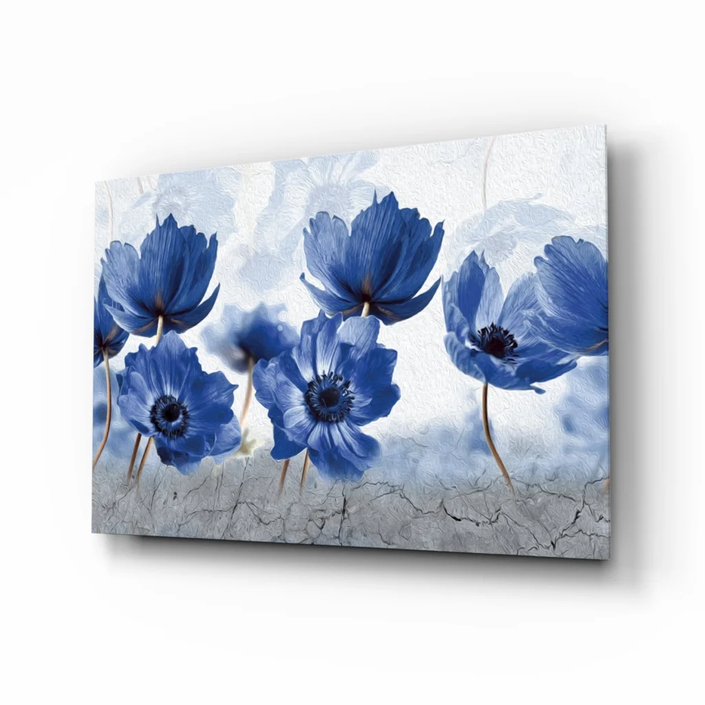 Stunning blue anemone wall art on textured canvas with cracked marble background
