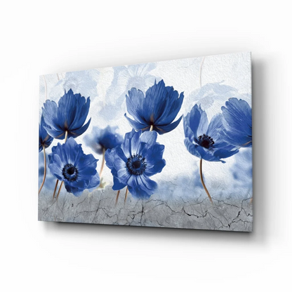 Stunning blue anemone wall art on textured canvas with cracked marble background