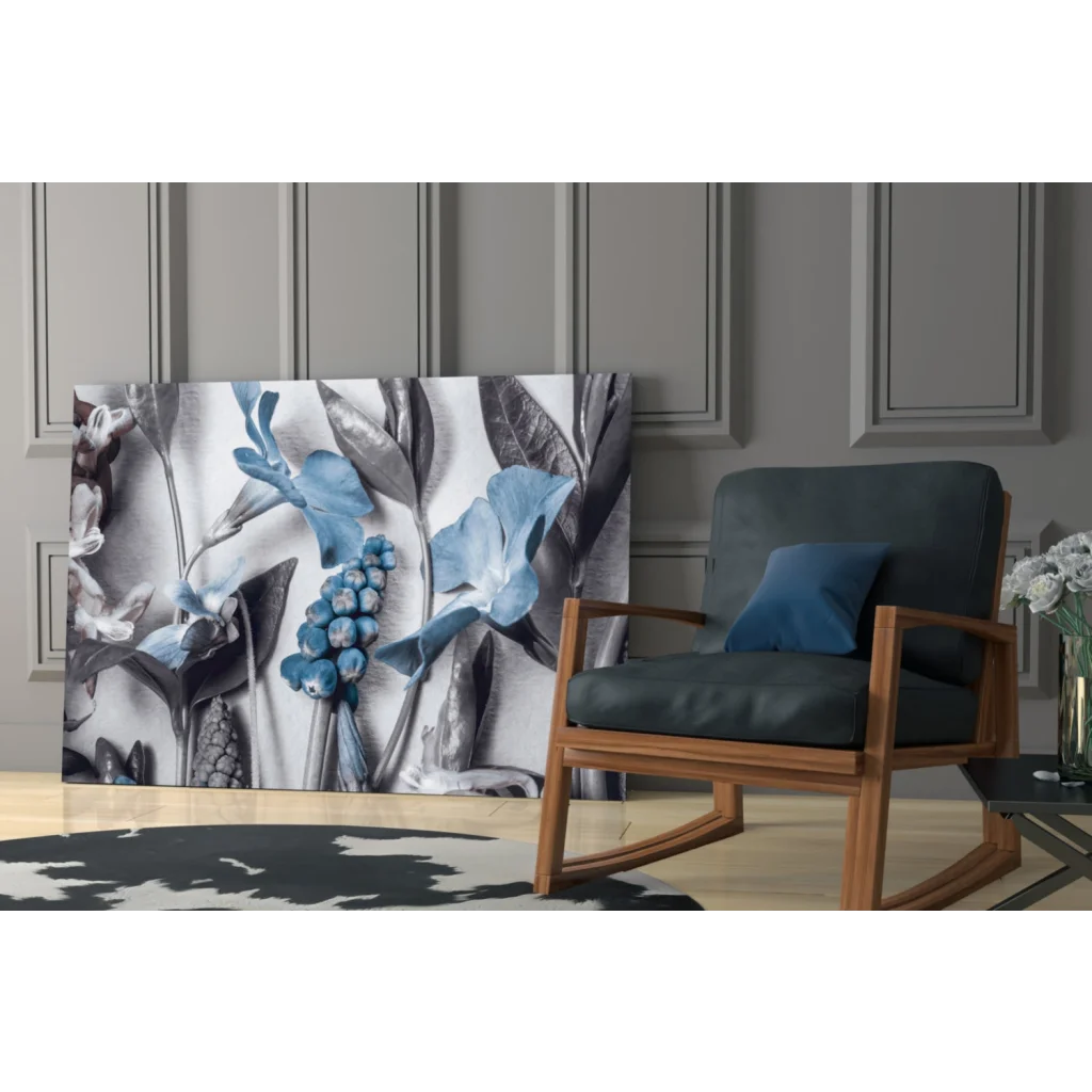 Blue and gray botanical glass wall art with stylized flowers and leaves