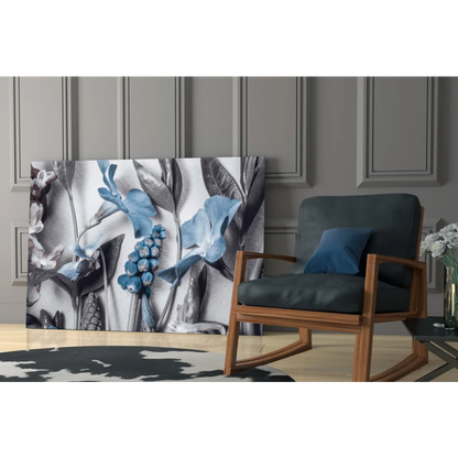 Blue and gray botanical glass wall art with stylized flowers and leaves