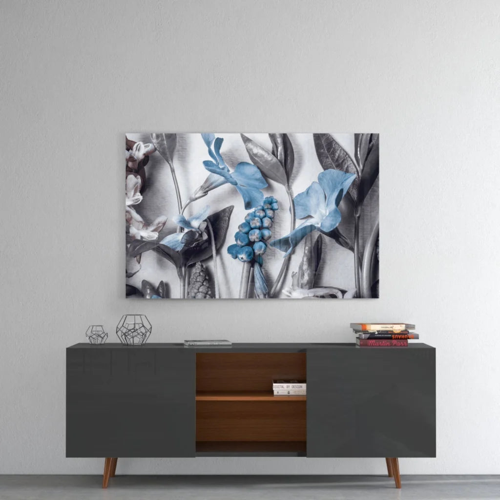 Stunning glass wall art with blue gray floral canvas print on monochrome background