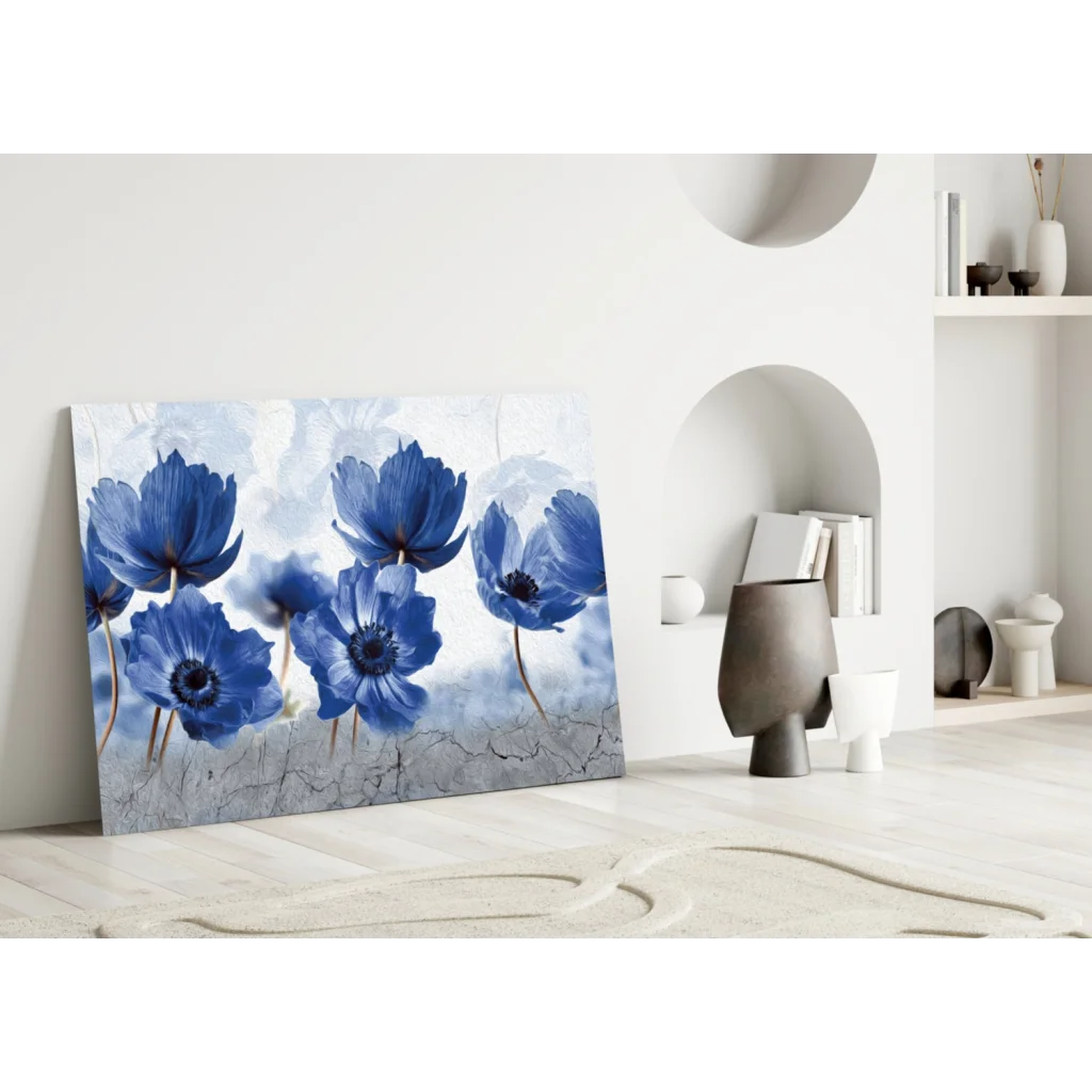 Stunning blue anemone textured canvas wall art with cracked white background
