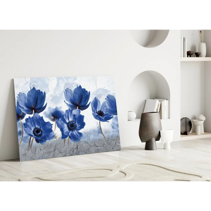 Stunning blue anemone textured canvas wall art with cracked white background