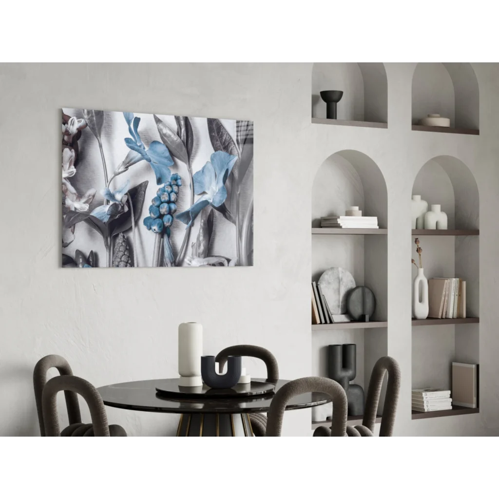 Stunning glass wall art with abstract blue floral print on white wall