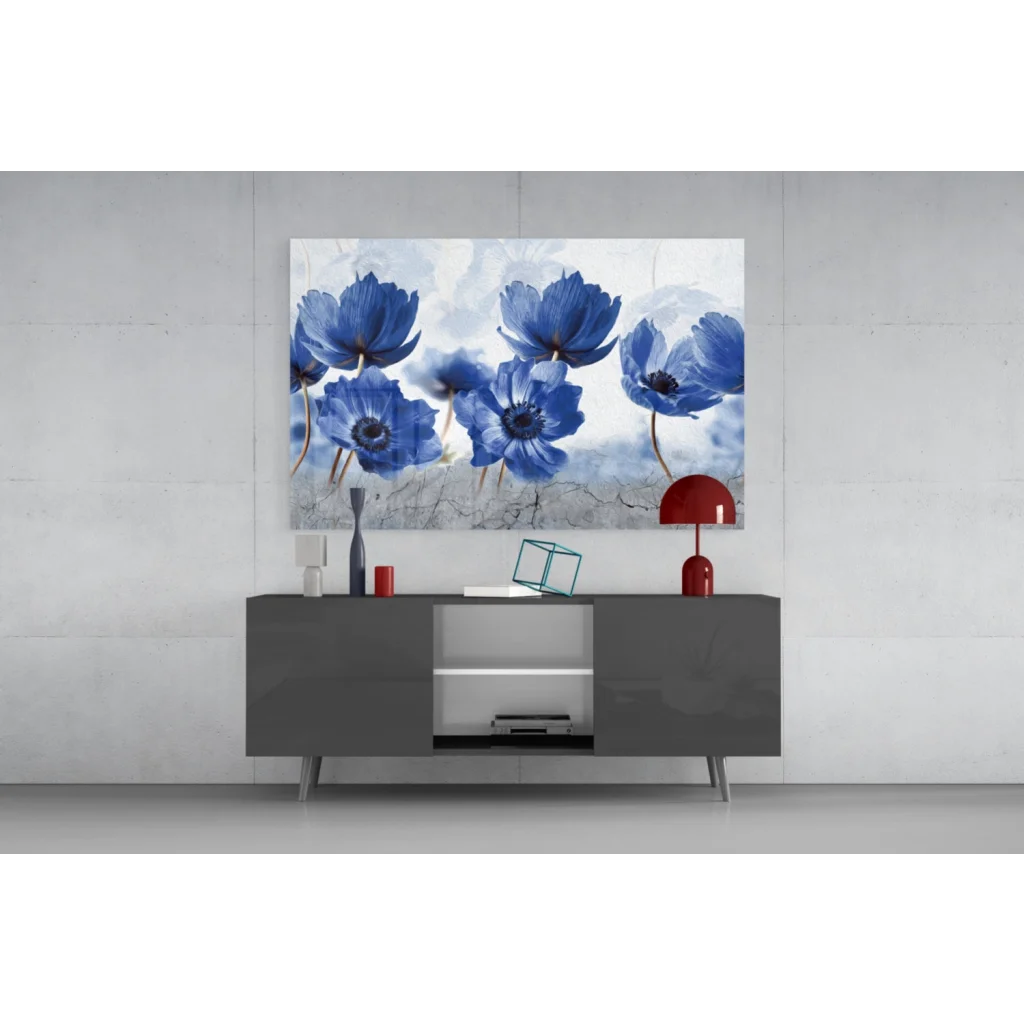 Stunning blue anemone textured canvas wall art with floral watercolor blossoms