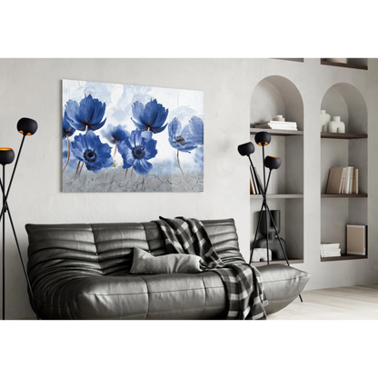 Blue anemone textured canvas wall art above gray leather sofa