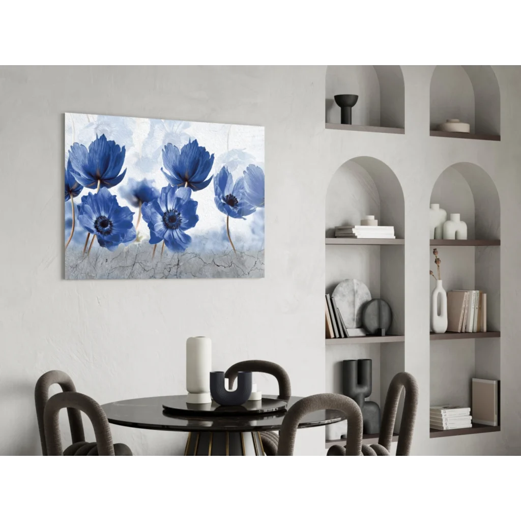 Stunning blue anemone textured canvas wall art on wall