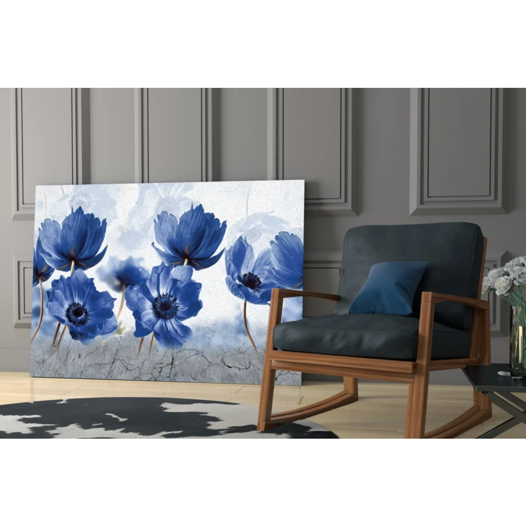 Stunning blue anemone textured canvas wall art with cracked white background